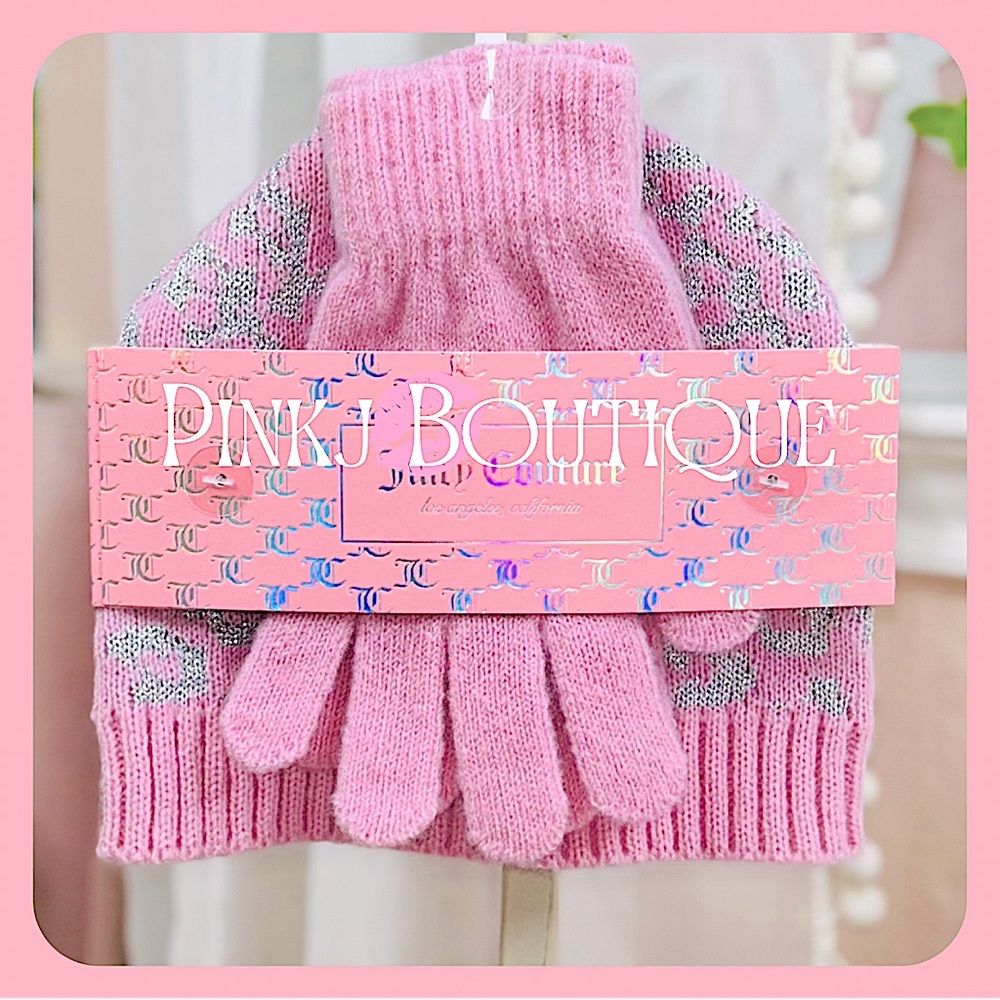 💗🎀 2pc {Juicy Couture} Lovely Pink Leopard Print Beanie Knit Hat+Glove Set!